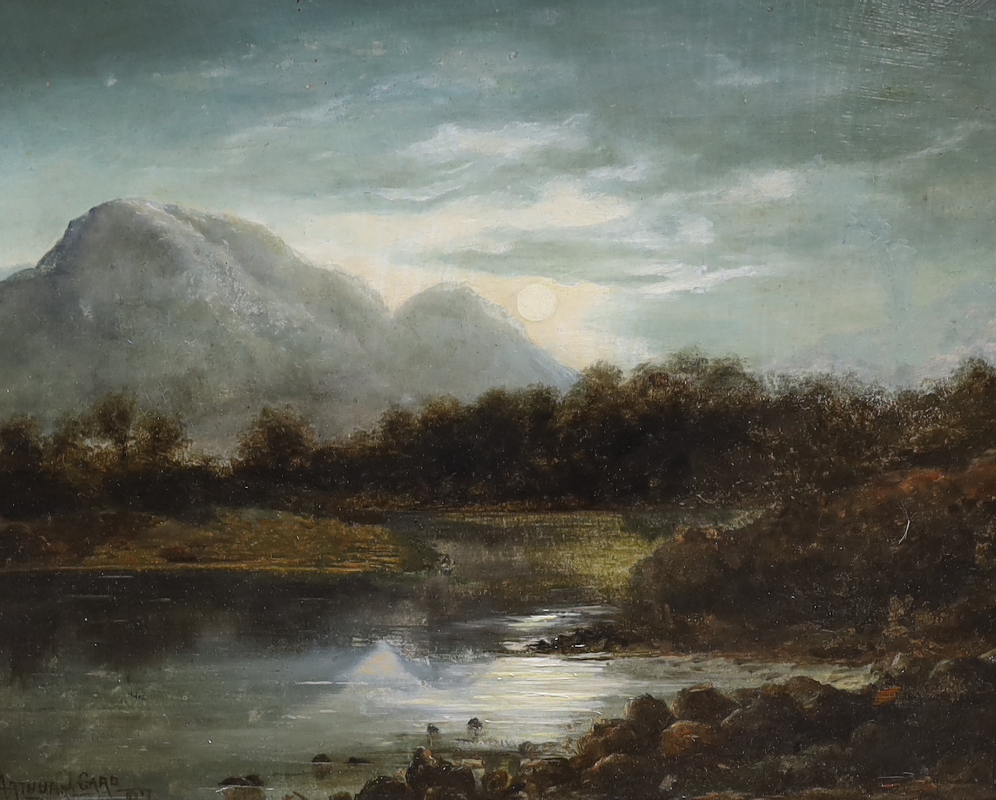 Arthur Gard (19th / 20th. C), oil on board, mountainous river landscape, signed and dated, ‘97, 34 x 41cm, ornate gilt frame